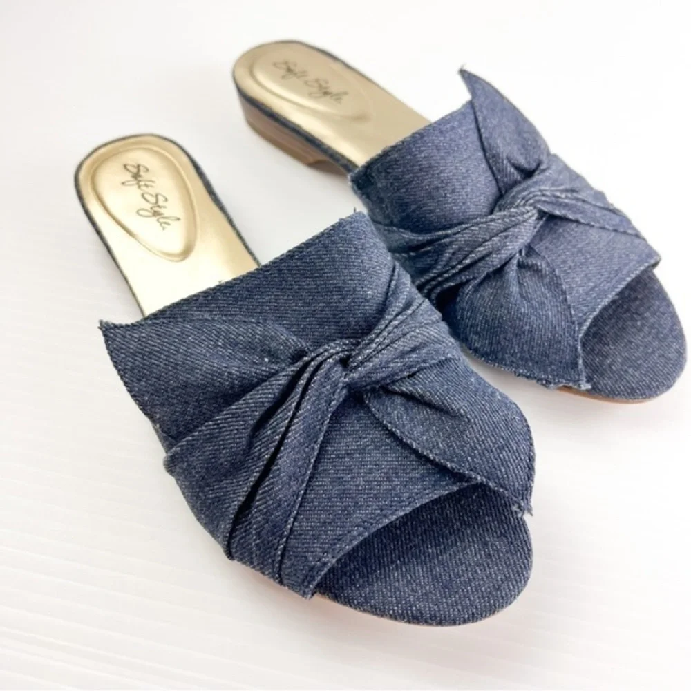 Soft Style Slides womens size 7.5 Denim Bow Flat sandals